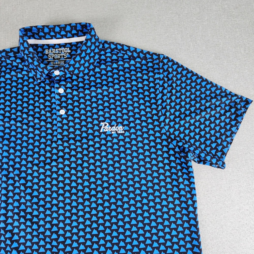 Barstool Sports Pardon My Take Golf Polo Shirt Mens XL Blue Black Geometric EUC